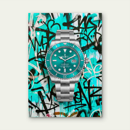 Teal Diver Graffiti Silver Wristwatch 40x60cm Metal Print Ready to Hang - Bella Home Decor