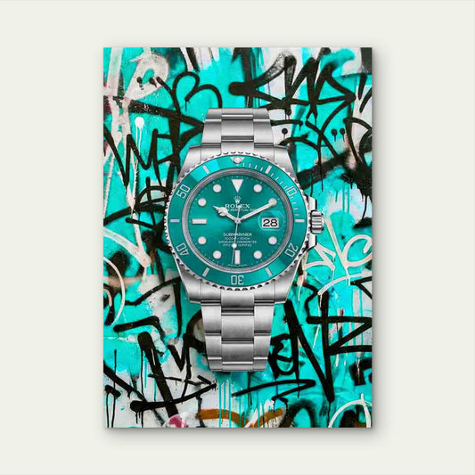 Teal Diver Graffiti Silver Wristwatch 40x60cm Metal Print Ready to Hang