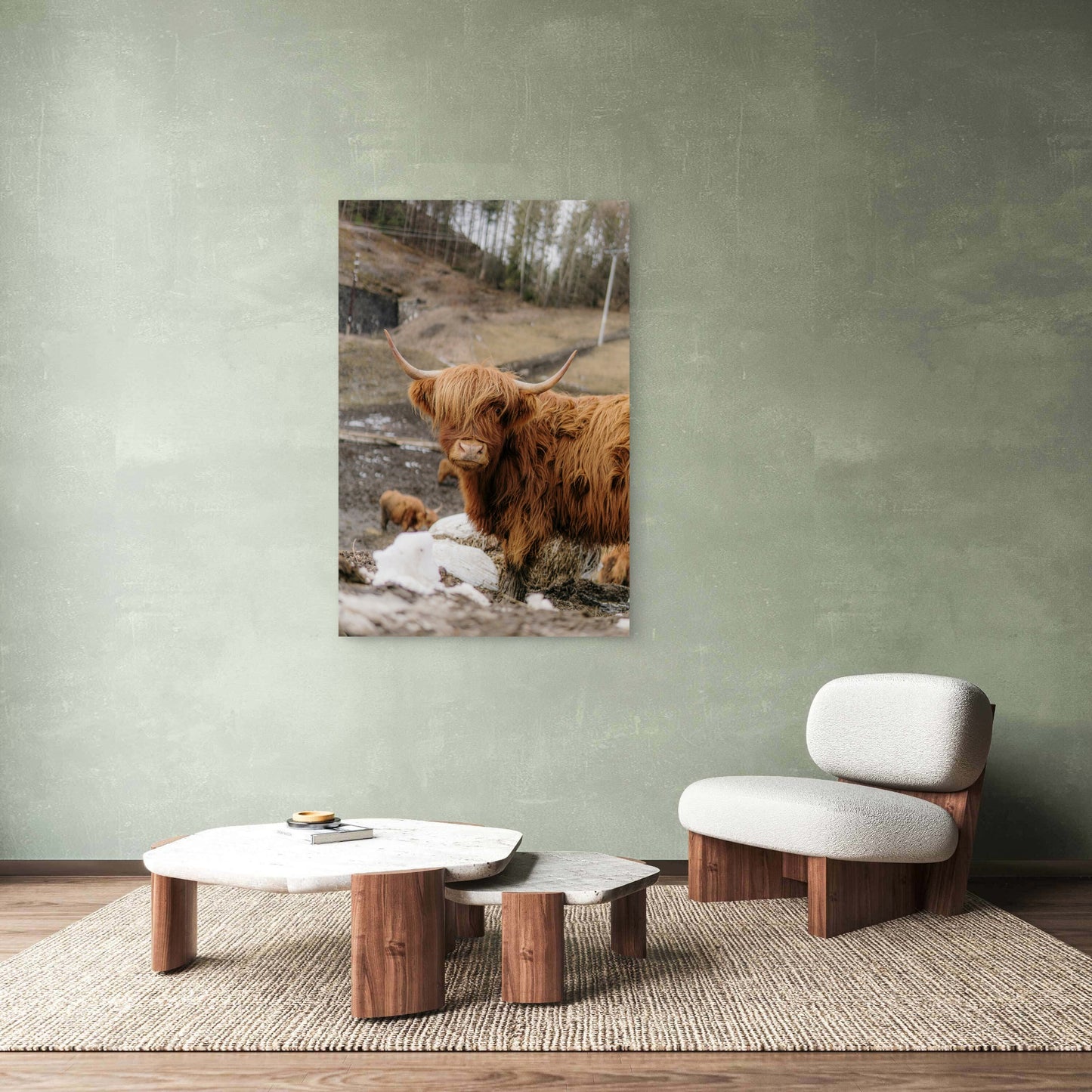 Brown Highland Cow On Gray Sand During Daytime 60x90cm Metal Print Ready to Hang