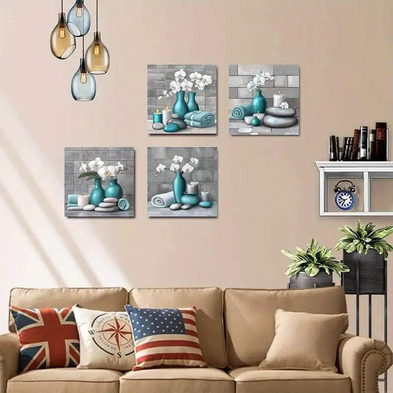 4pcs  Zen Stone Turquoise Still Life  Suitable   Wall Art Canvas Framed