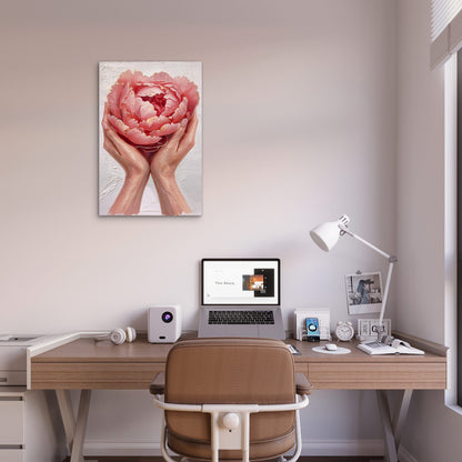 Pink Peony Flower Hands Blossom 40x60cm Metal Print Ready to Hang