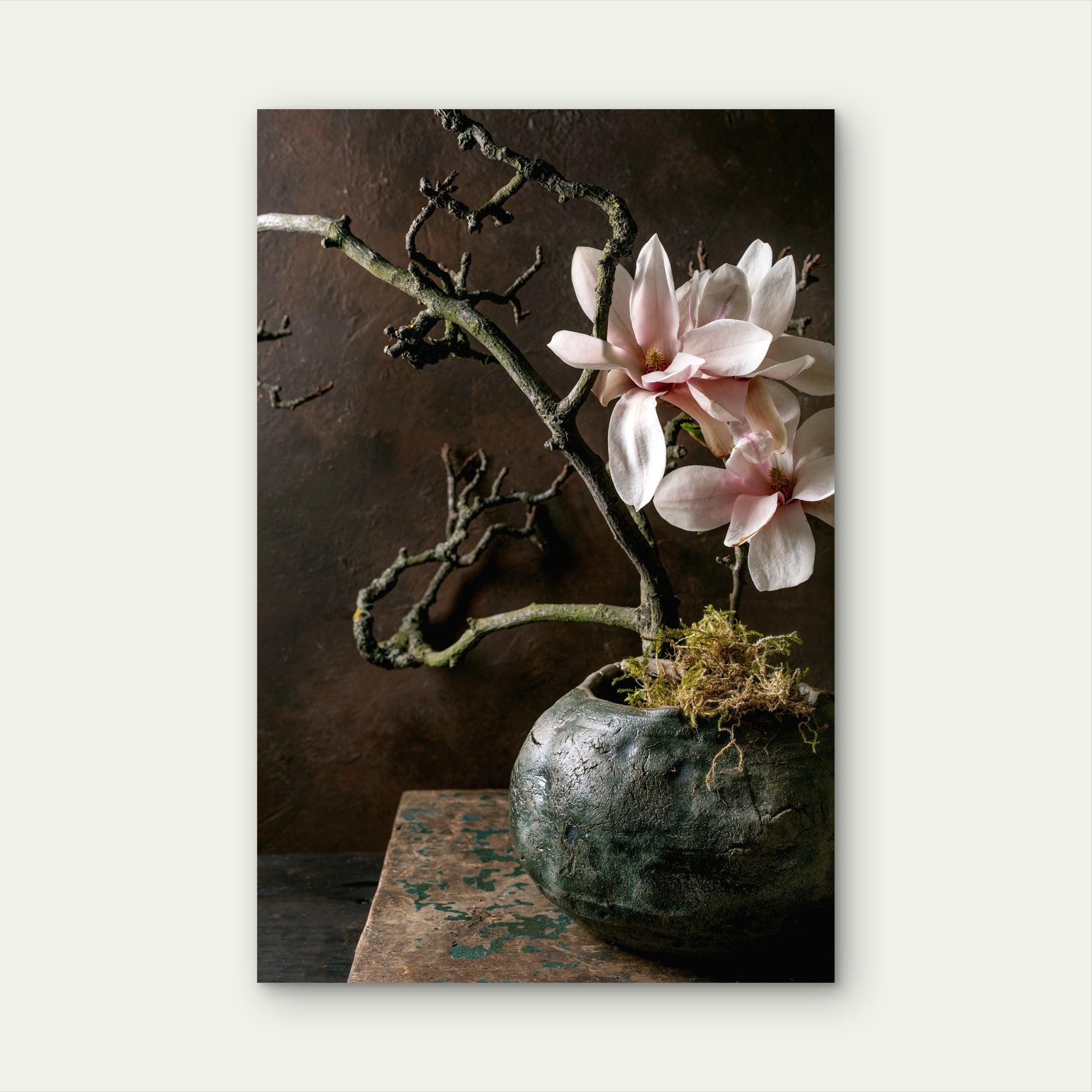 Blooming Magnolia Flower Branch Ikebana in Vase 40x60cm Metal Print Ready to Hang - Bella Home Decor
