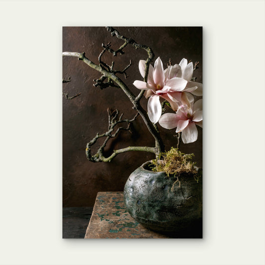 Blooming Magnolia Flower Branch Ikebana in Vase 40x60cm Metal Print Ready to Hang