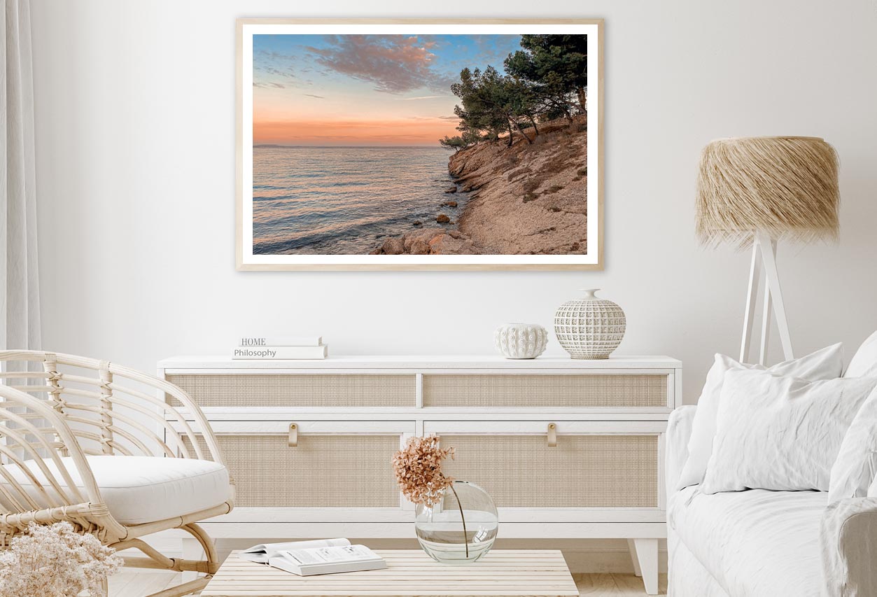 Sunset At the Sea on A Rocky Coast with Pine Trees Home Decor Premium Quality Poster Print Choose Your Sizes