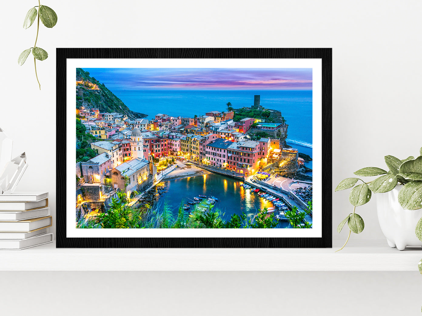 Picturesque Town Of Vernazza Glass Framed Wall Art, Ready to Hang Quality Print With White Border Black