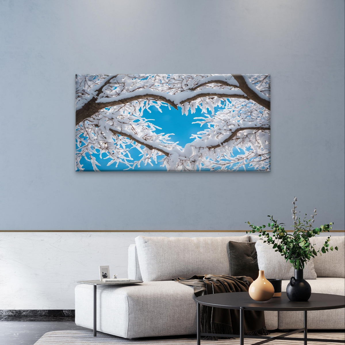 Snow Covered Winter Tree Branches Sky Wall Art Canvas Office Home Framed 120x60cm - Bella Home Decor