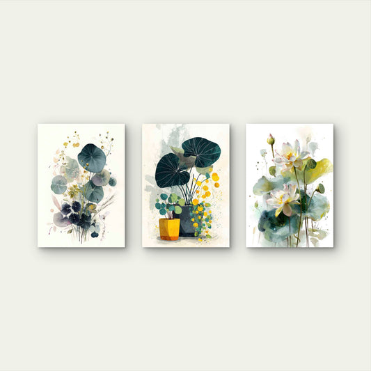 3pcs Watercolor Lotus Plant Leaf Painting Wall Art Set Canvas Framed 40x60cm - High Quality Print 100% Australian Made Wall Canvas Ready to Hang