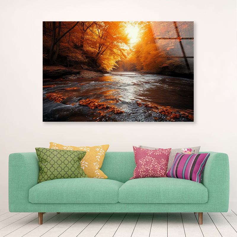 Orange autumn on The River Acrylic Glass Print Tempered Glass Wall Art 100% Made in Australia Ready to Hang - Bella Home Decor