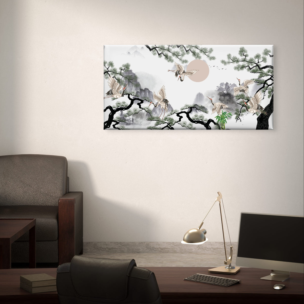 Japanese Pine Tree Flying Cranes Scene Painting Wall Art Canvas Office Home Framed 120x60cm