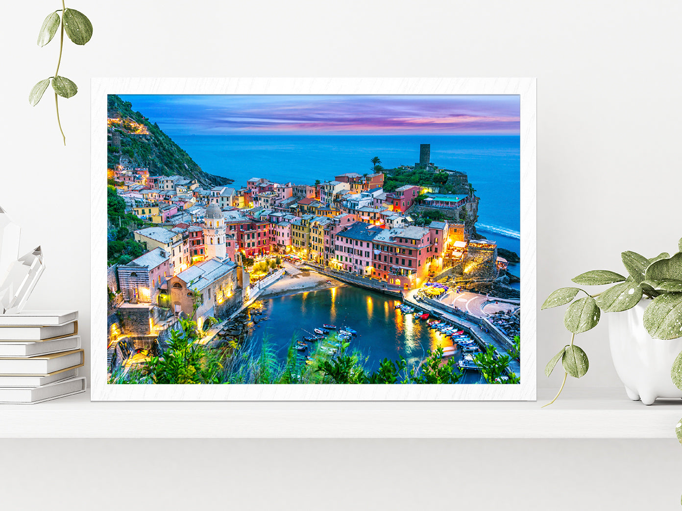 Picturesque Town Of Vernazza Glass Framed Wall Art, Ready to Hang Quality Print Without White Border White