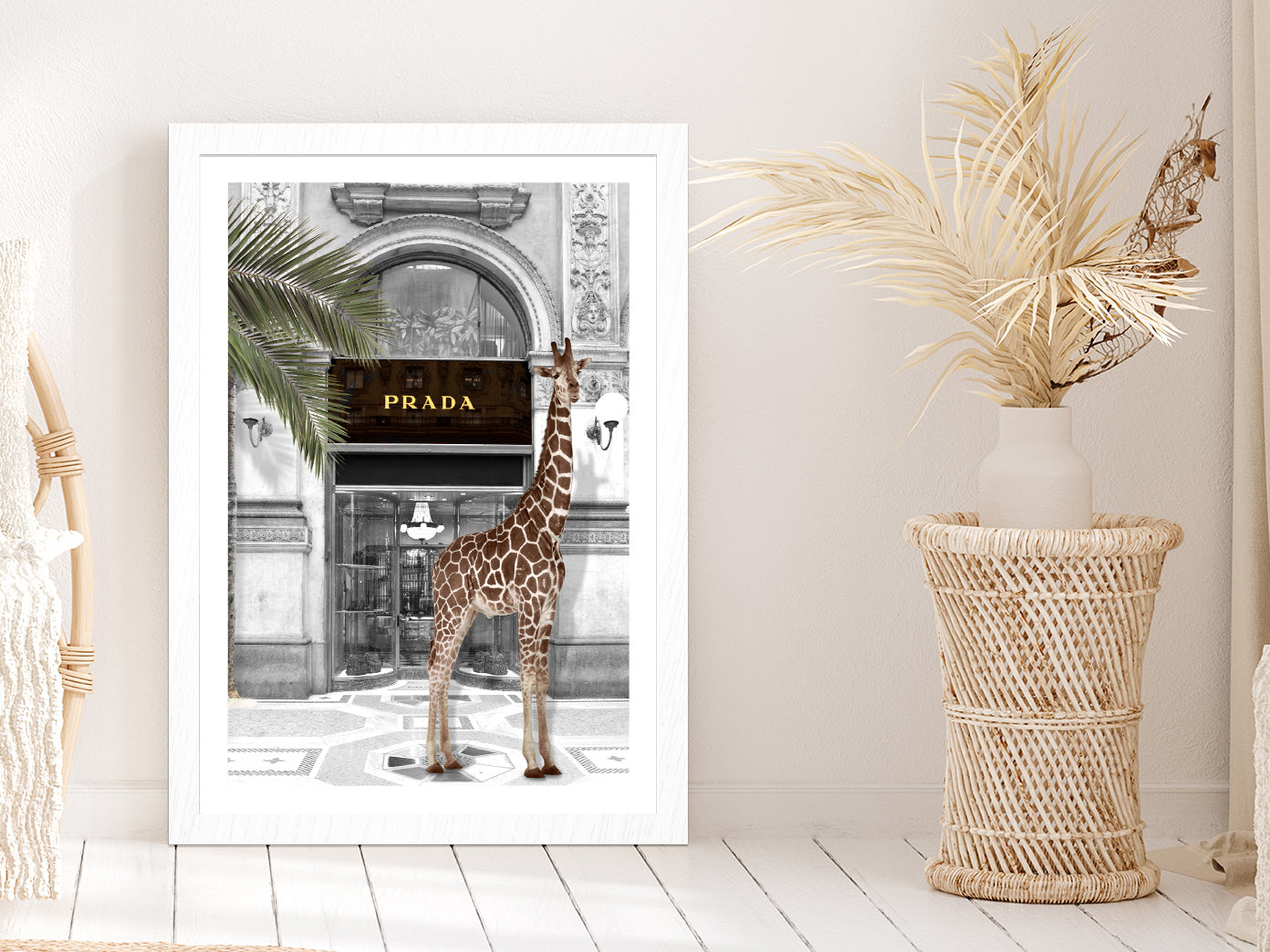 Girrafe near Fashion Store Digital Art Glass Framed Wall Art, Ready to Hang Quality Print With White Border White