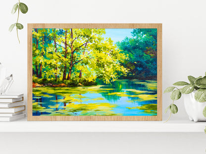 Lake In The Forest Oil Painting Glass Framed Wall Art, Ready to Hang Quality Print Without White Border Oak