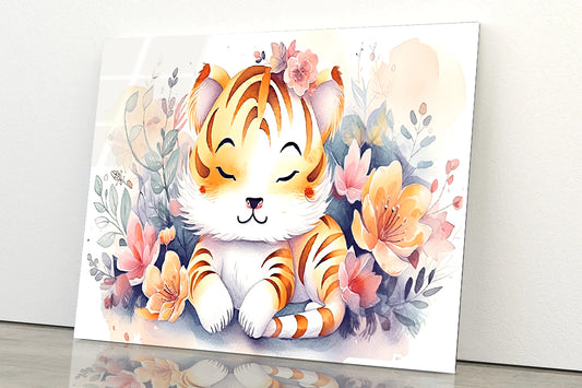 Cartoon Drawing Of a Lion with Flowers Acrylic Glass Print Tempered Glass Wall Art 100% Made in Australia Ready to Hang