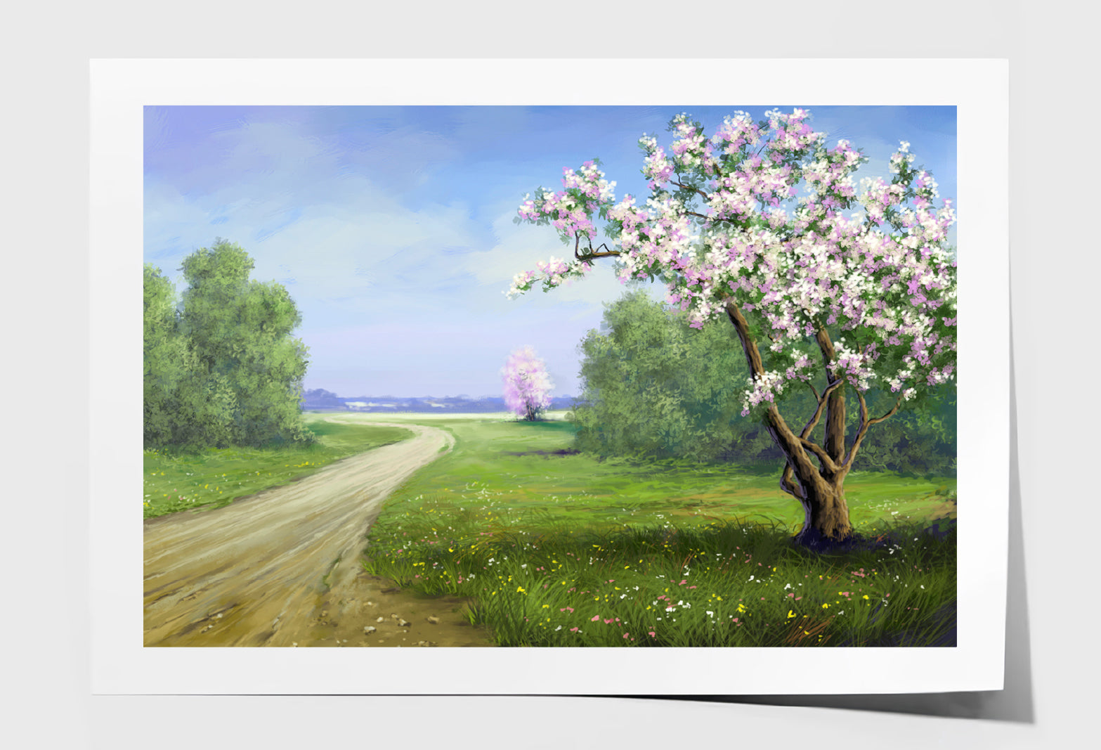 Pink Blossom Tree near Road Oil Painting Wall Art Limited Edition High Quality Print Unframed Roll Canvas None