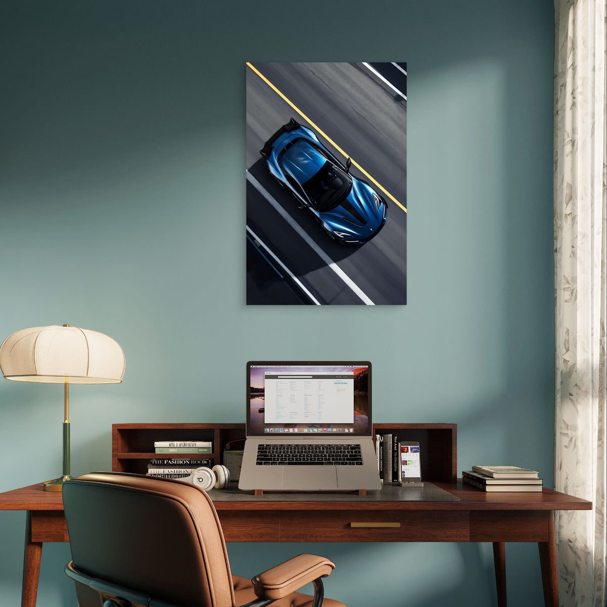 Modern Blue Sports Car Driving Highway 40x60cm Metal Print Ready to Hang