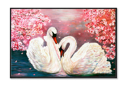 Swarns With Pink Flowers Oil Painting Wall Art Limited Edition High Quality Print Canvas Box Framed Black