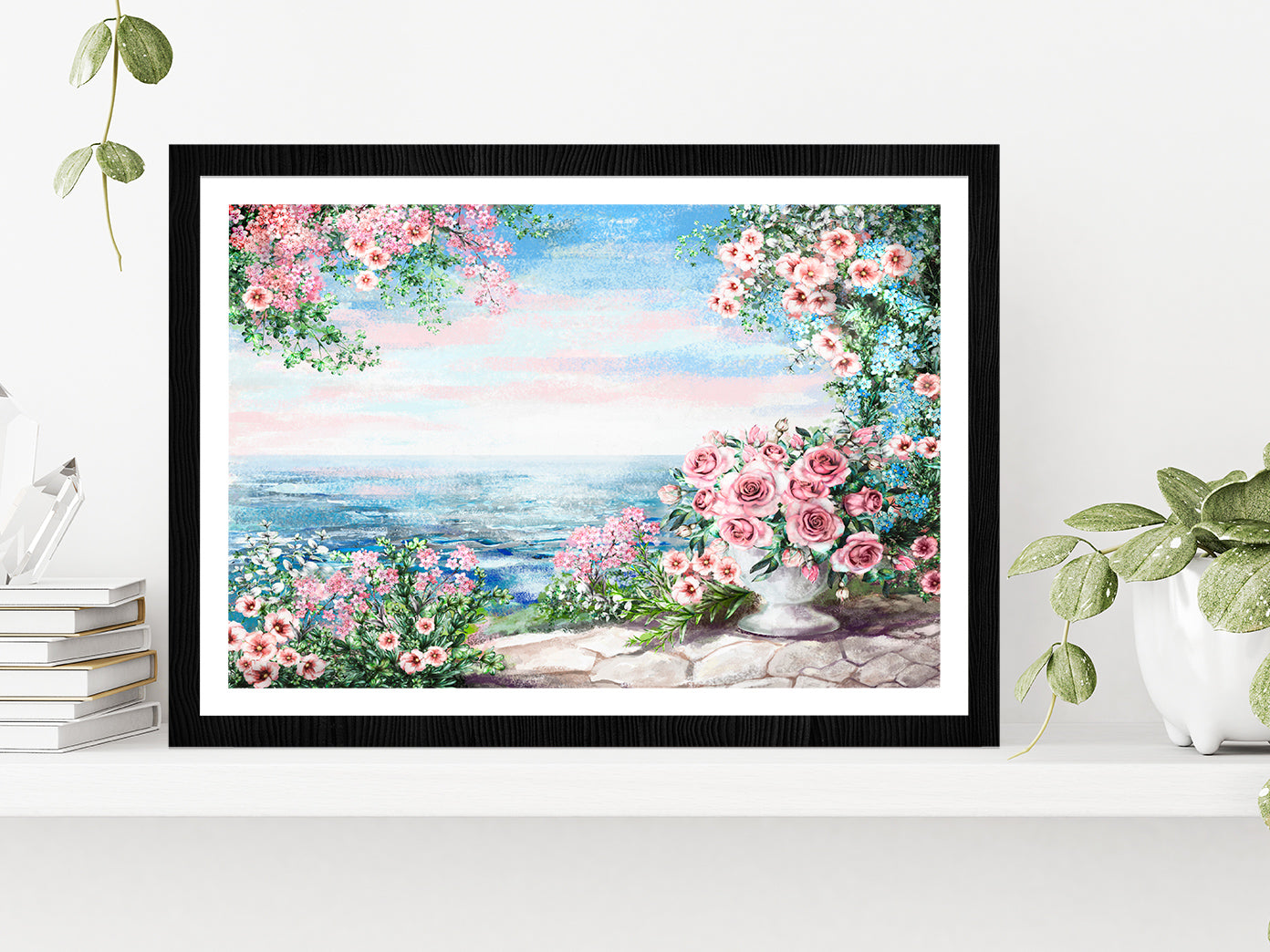 Blue Sea, Pink Flower Rose In Vase & Leaf View On Ocean Glass Framed Wall Art, Ready to Hang Quality Print With White Border Black