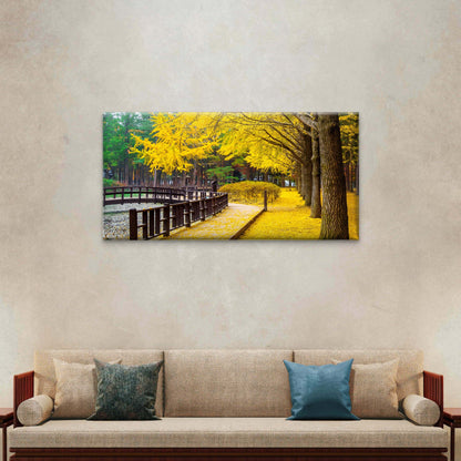 Autumn With Ginkgo Tree Nami Island Korea Wall Art Canvas Office Home Room Framed 120x60cm