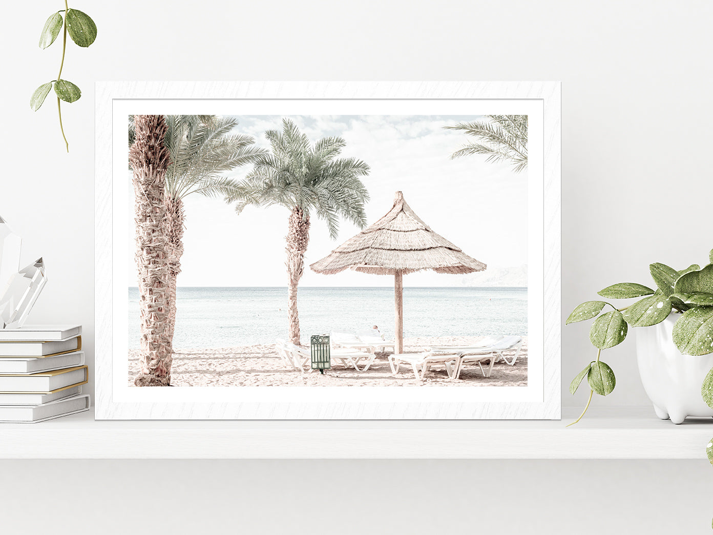 Beach Hut & Chair in Seashore Faded Photograph Glass Framed Wall Art, Ready to Hang Quality Print With White Border White