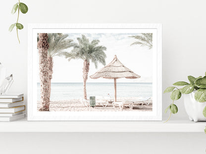 Beach Hut & Chair in Seashore Faded Photograph Glass Framed Wall Art, Ready to Hang Quality Print With White Border White