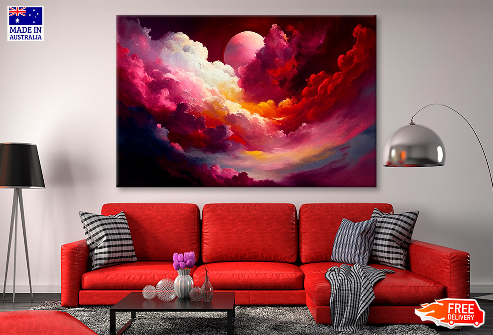 Red Mixed Colorful Cloudy Sky With Moon Oil Painting Limited Edition High Quality Print