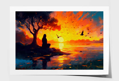 Girl & Sunset Abstract Oil Painting Wall Art Limited Edition High Quality Print