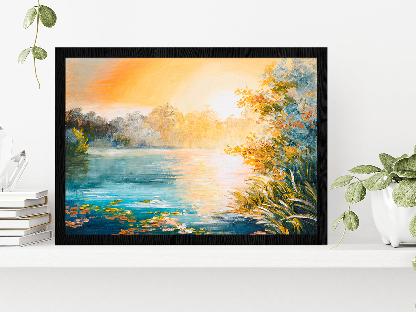 Sunset On The Lake Painting Glass Framed Wall Art, Ready to Hang Quality Print Without White Border Black