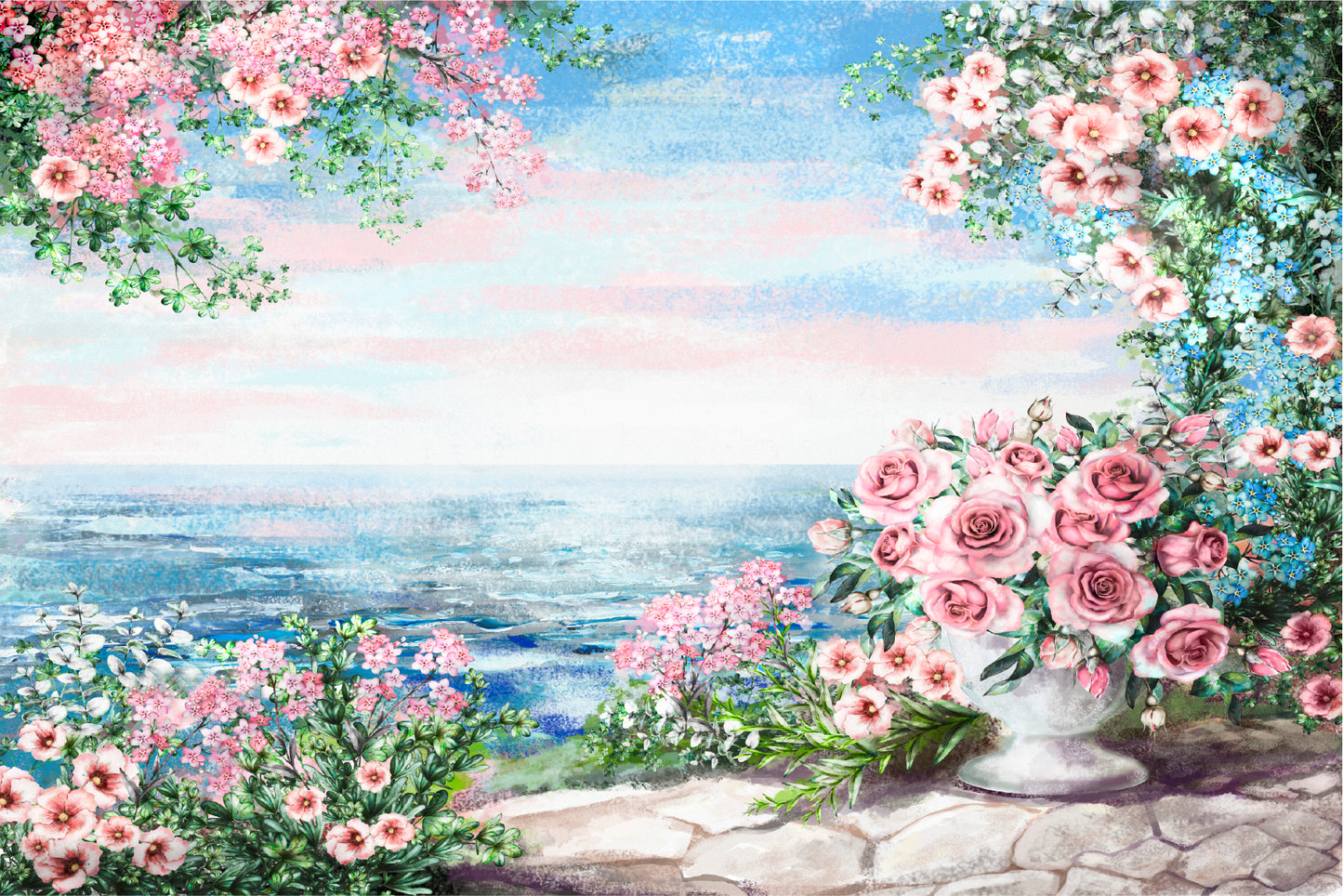 Blue Sea, Pink Flower Rose In Vase & Leaf View On Ocean Glass Framed Wall Art, Ready to Hang Quality Print