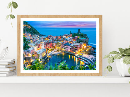 Picturesque Town Of Vernazza Glass Framed Wall Art, Ready to Hang Quality Print With White Border Oak