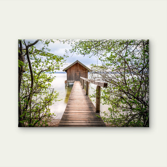 Ammersee Lake Boathouse Pier with Tree Branches Wall Art Decor 100% Australian Made - Bella Home Decor