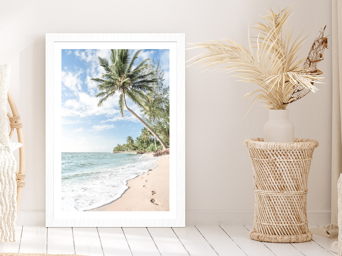 Palm Tree & Sandy Beach View Photograph Glass Framed Wall Art, Ready to Hang Quality Print With White Border White