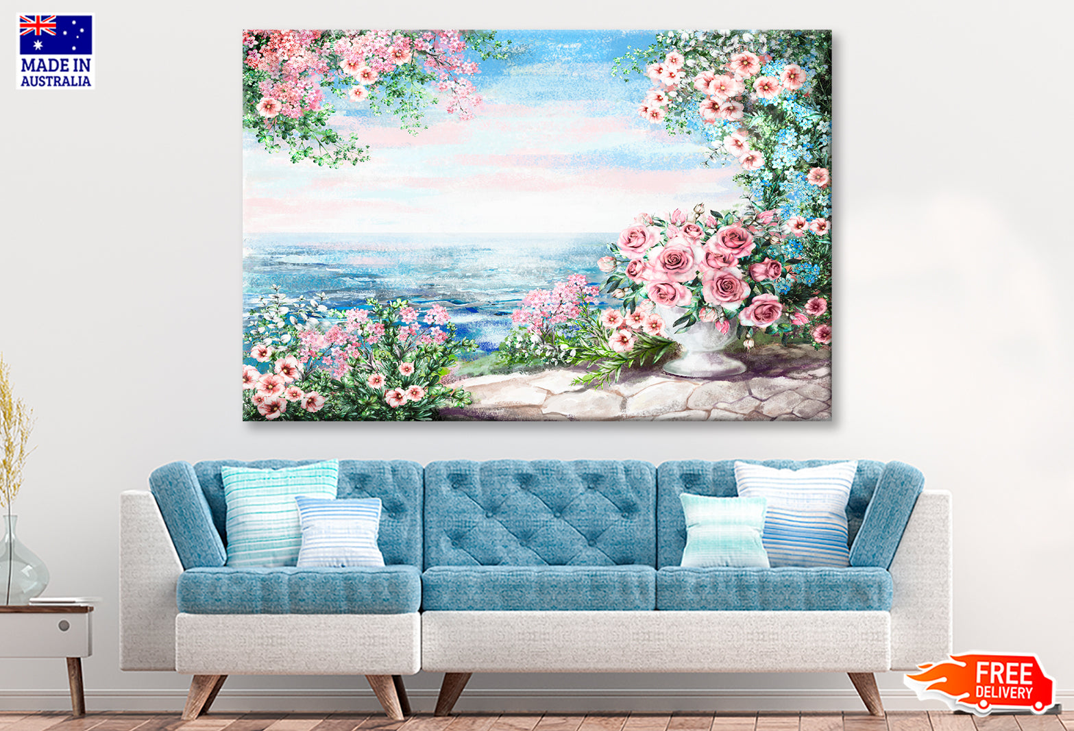 Blue Sea, Pink Flower Rose In Vase & Leaf View On Ocean Oil Painting Wall Art Limited Edition High Quality Print