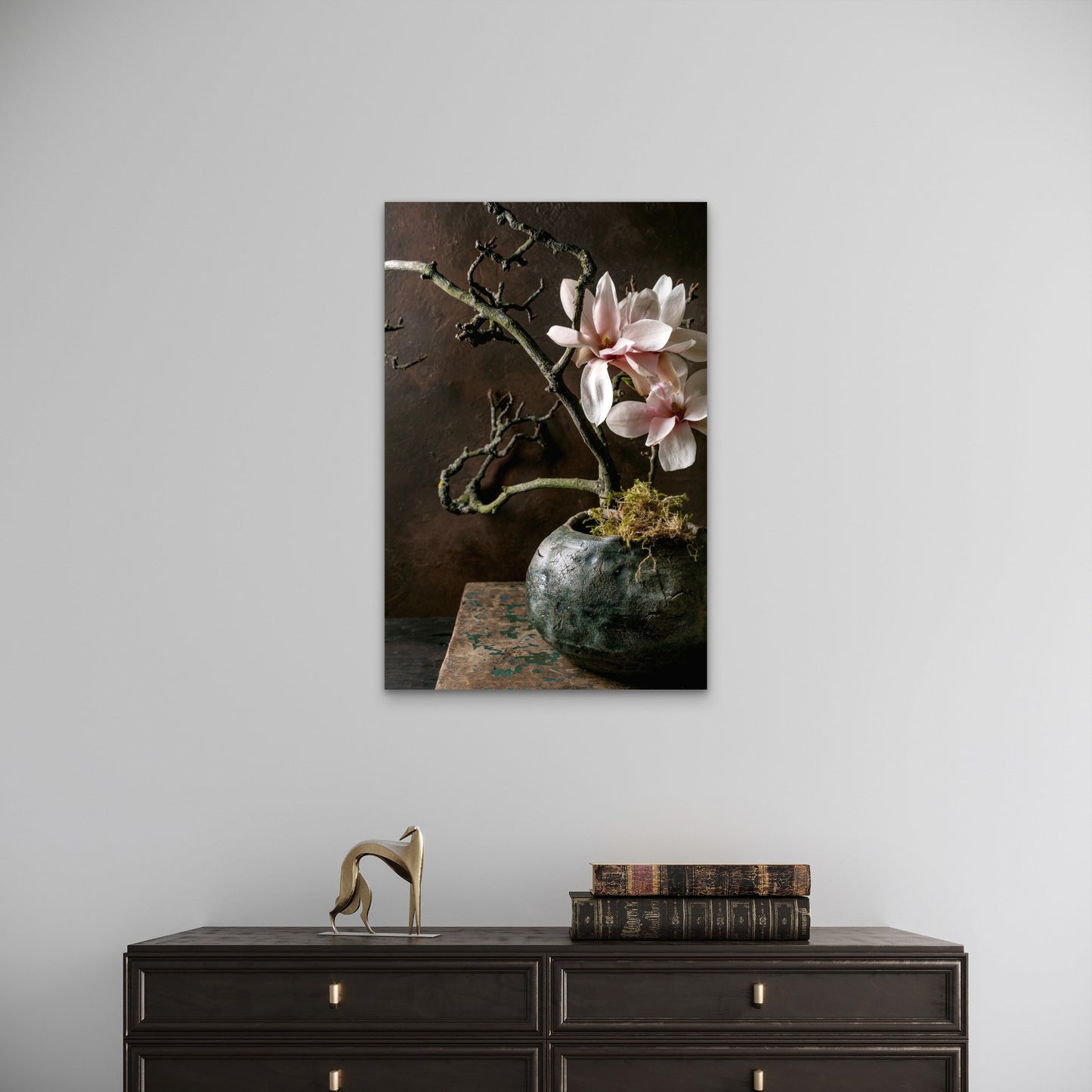 Blooming Magnolia Flower Branch Ikebana in Vase 40x60cm Metal Print Ready to Hang - Bella Home Decor