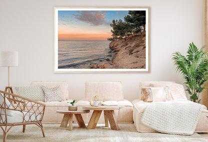 Sunset At the Sea on A Rocky Coast with Pine Trees Home Decor Premium Quality Poster Print Choose Your Sizes