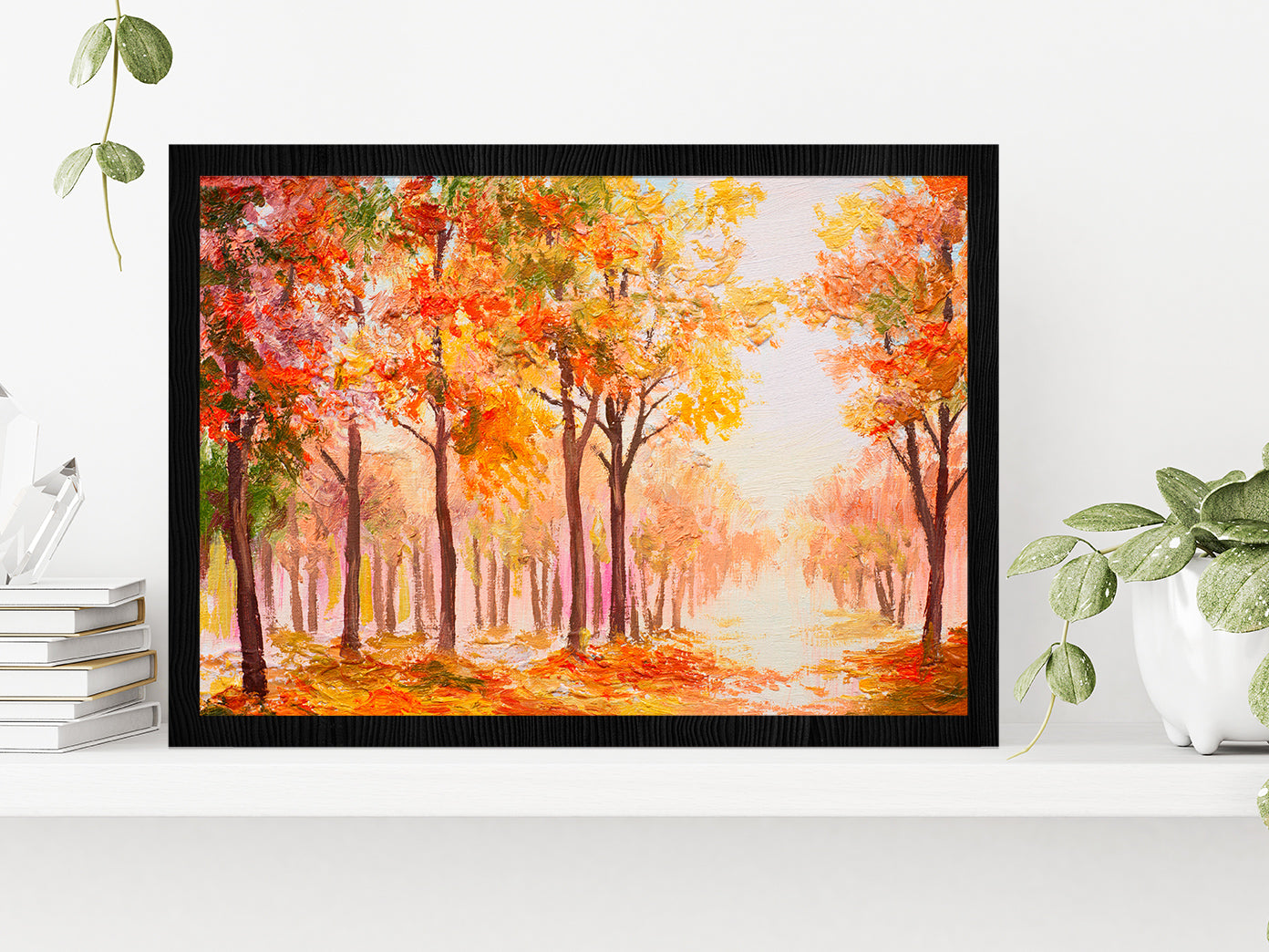 Colorful Autumn Forest Glass Framed Wall Art, Ready to Hang Quality Print Without White Border Black