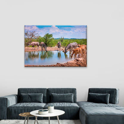 Zebras and Antelope at African Waterhole Wall Art Decor 100% Australian Made