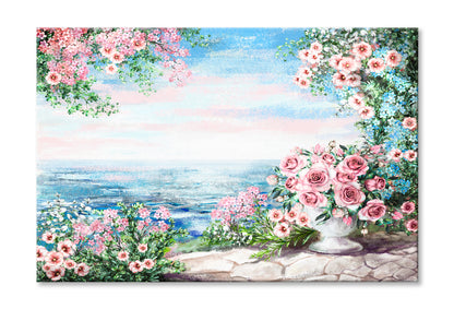 Blue Sea, Pink Flower Rose In Vase & Leaf View On Ocean Oil Painting Wall Art Limited Edition High Quality Print Stretched Canvas None