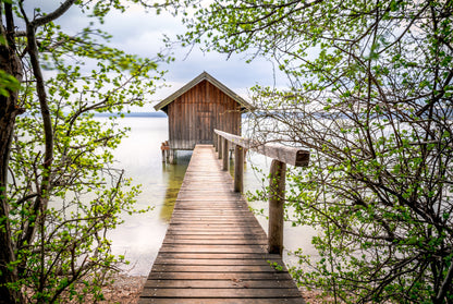 Ammersee Lake Boathouse Pier with Tree Branches Wall Art Decor 100% Australian Made - Bella Home Decor