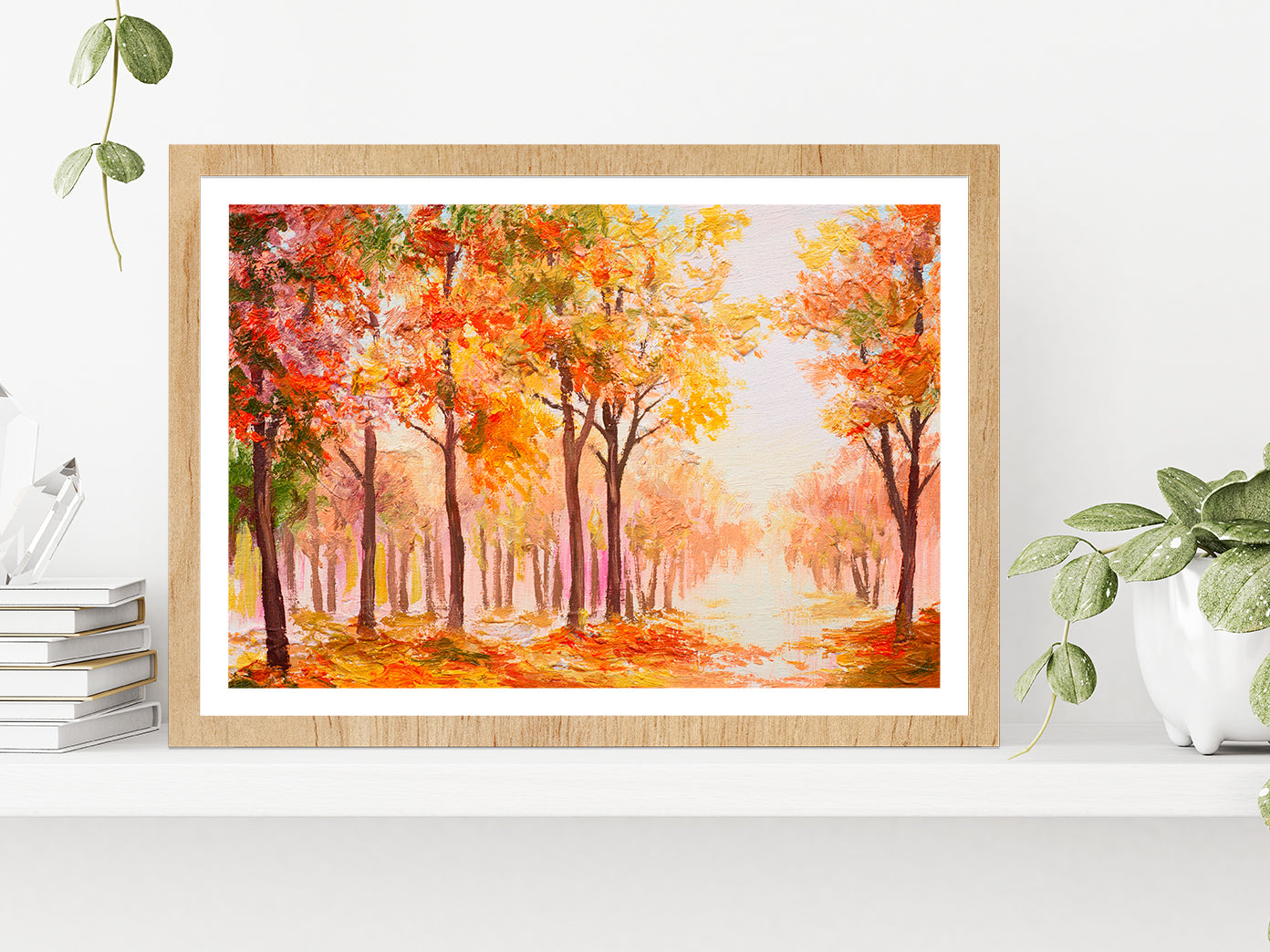 Colorful Autumn Forest Glass Framed Wall Art, Ready to Hang Quality Print With White Border Oak