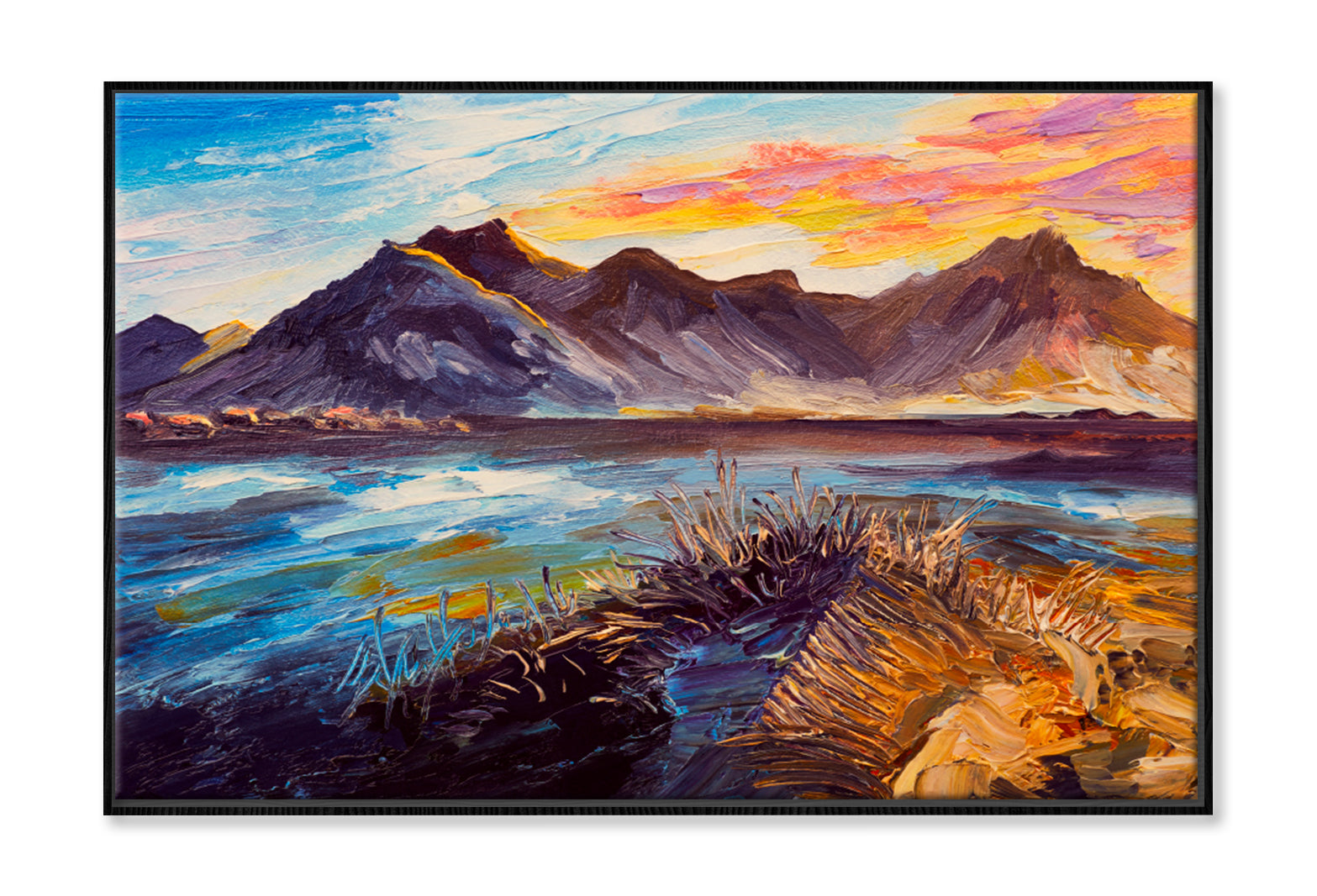 Pink Sunset, Sea, Mountains Oil Painting Limited Edition High Quality Print Canvas Box Framed Black