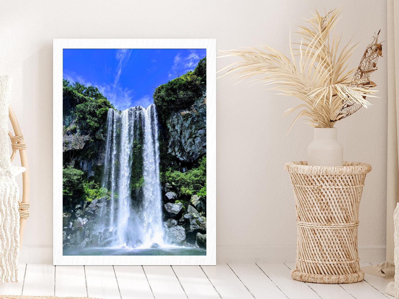 Rocky Mountain & Jeju Waterfall Glass Framed Wall Art, Ready to Hang Quality Print Without White Border White