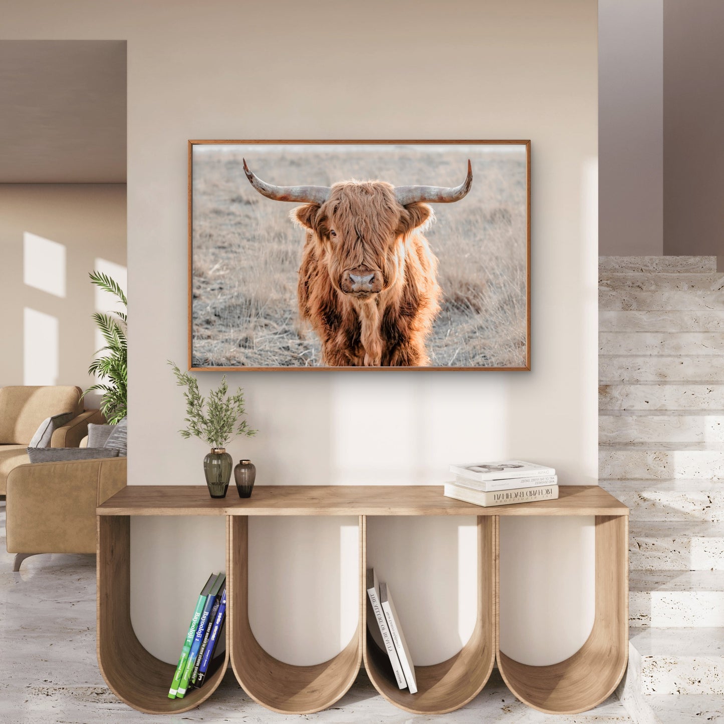 Neutral Toned Scottish Highland Cow with Long Shaggy Hair Wall Art Decor 100% Australian Made