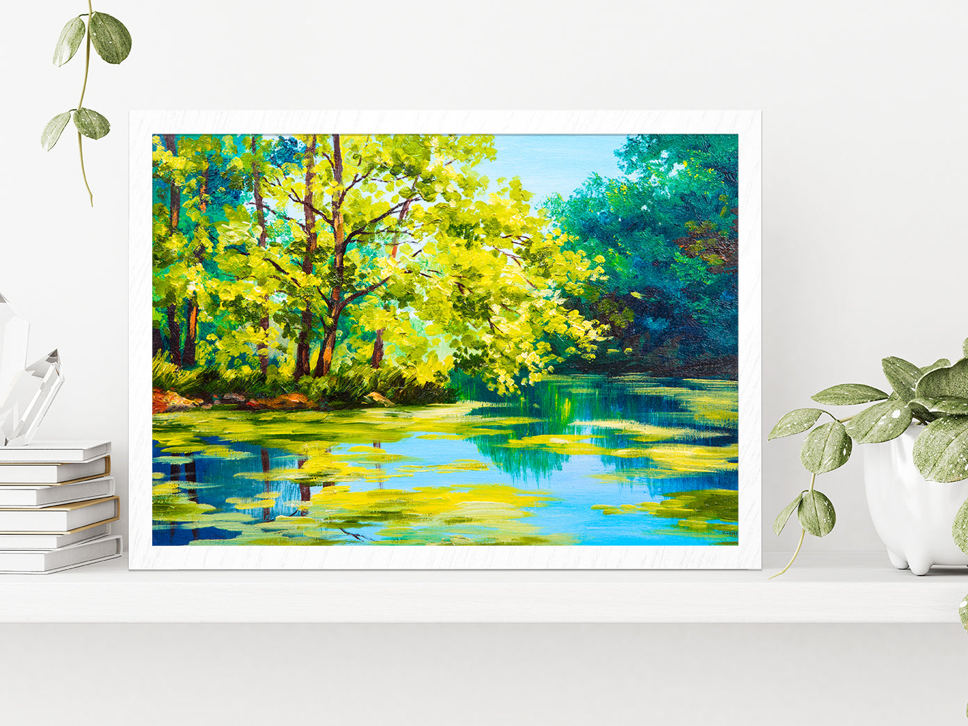 Lake In The Forest Oil Painting Glass Framed Wall Art, Ready to Hang Quality Print Without White Border White