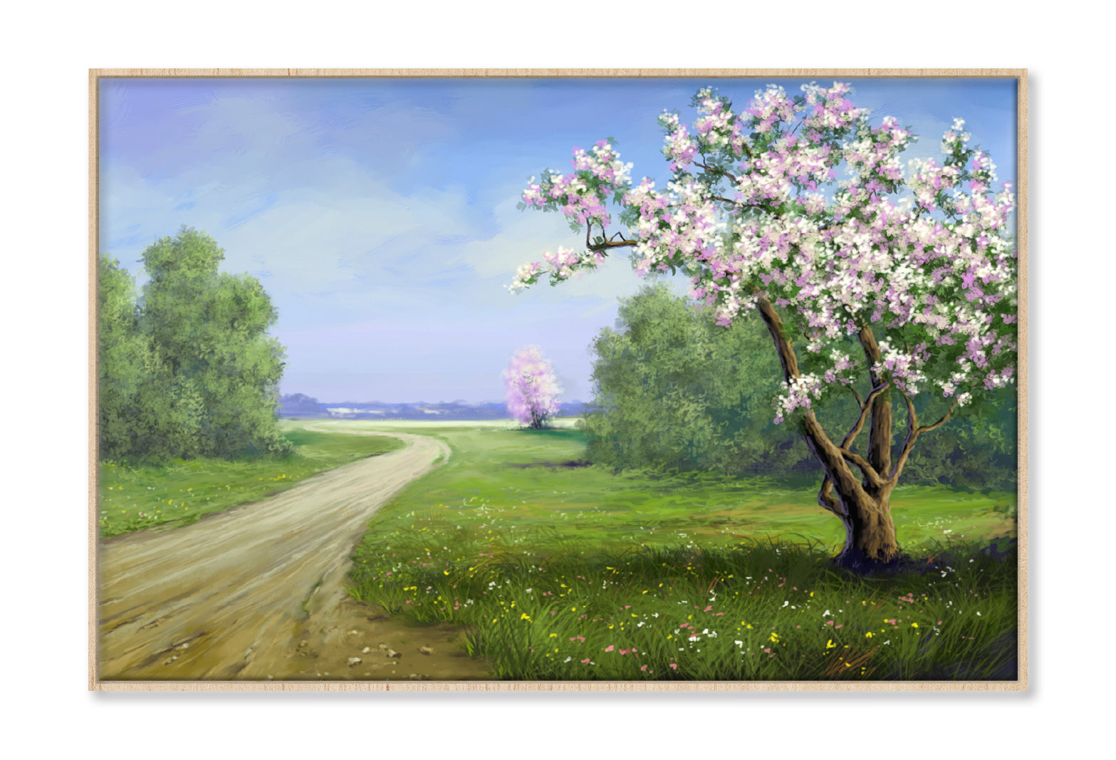 Pink Blossom Tree near Road Oil Painting Wall Art Limited Edition High Quality Print Canvas Box Framed Natural