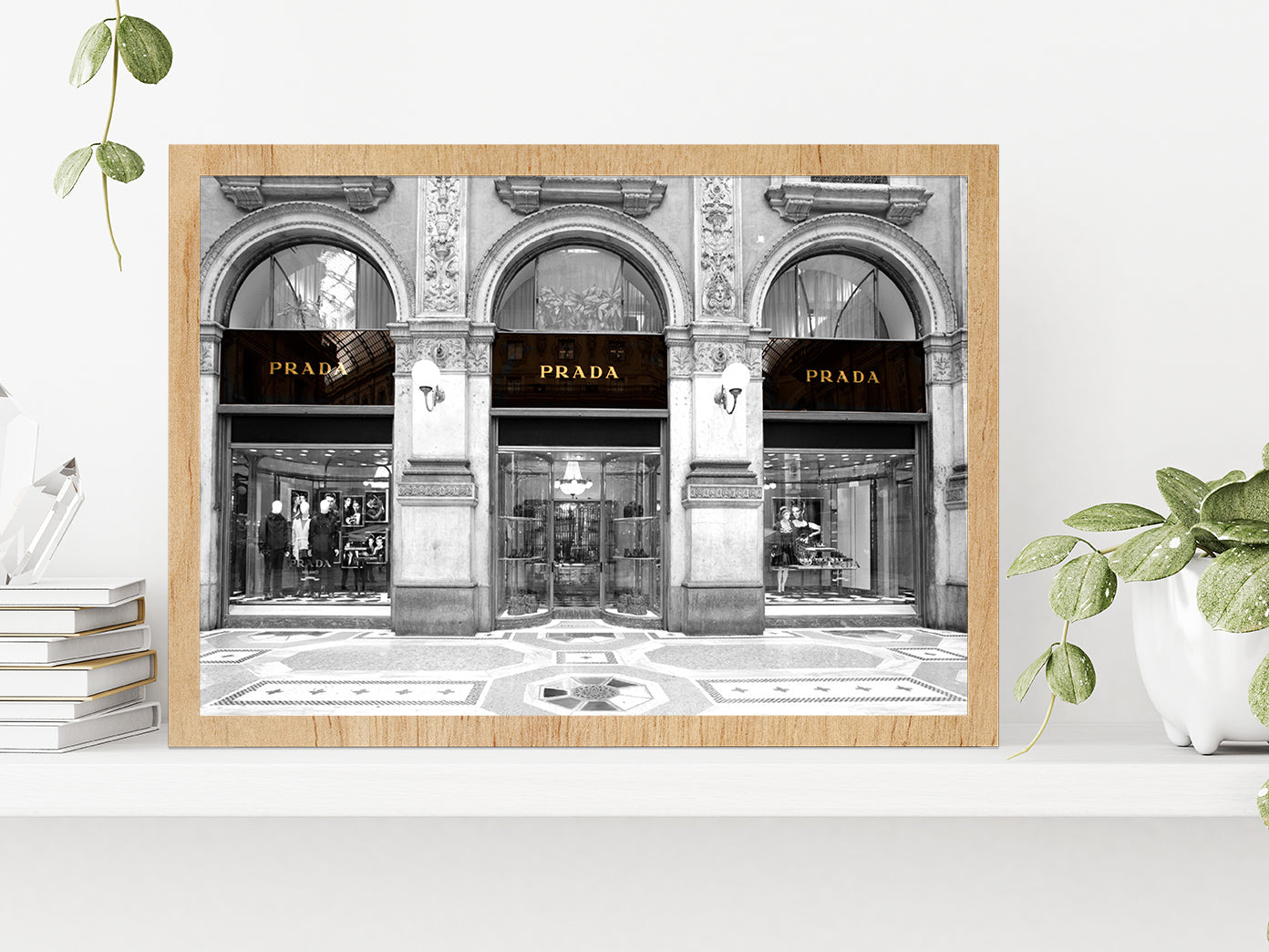 B&W Fashion Store in Vittorio Emanuele Glass Framed Wall Art, Ready to Hang Quality Print Without White Border Oak