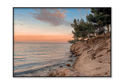 Sunset At the Sea on A Rocky Coast with Pine Trees Home Decor Premium Quality Poster Print Choose Your Sizes