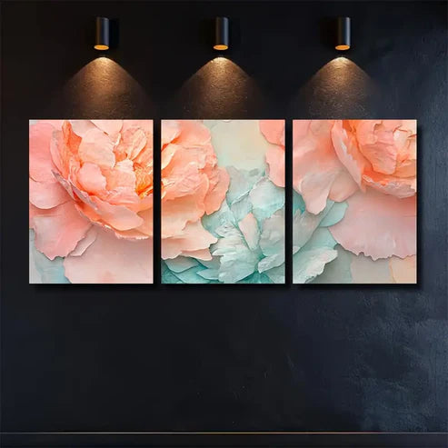 3pcs Summer Peony Petals in Peach & Aqua Wall Art Set Canvas Unframed - High Quality Print 100% Australian Made Wall Canvas