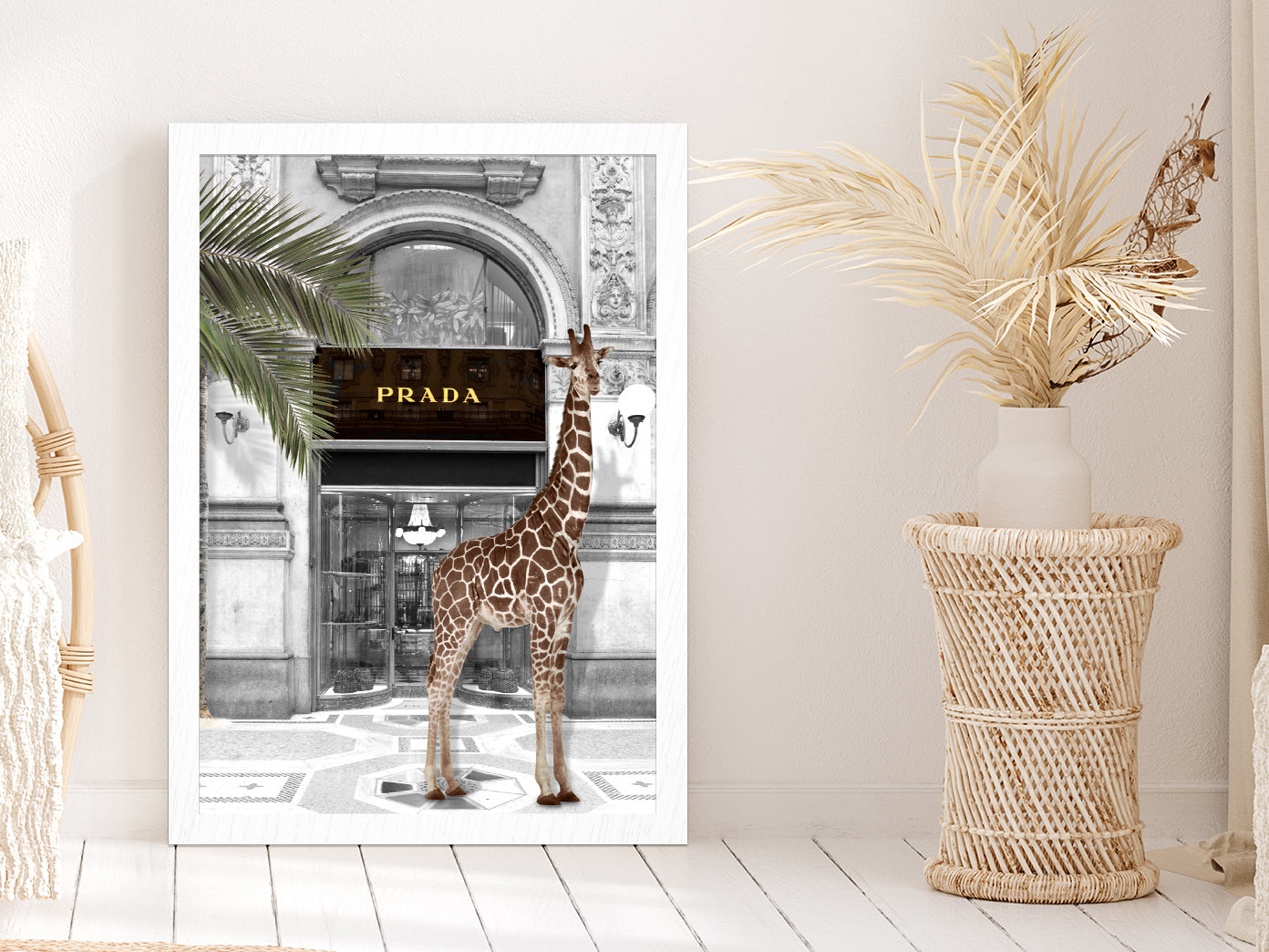 Girrafe near Fashion Store Digital Art Glass Framed Wall Art, Ready to Hang Quality Print Without White Border White