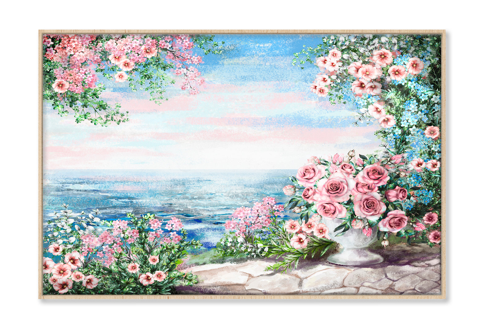 Blue Sea, Pink Flower Rose In Vase & Leaf View On Ocean Oil Painting Wall Art Limited Edition High Quality Print Canvas Box Framed Natural