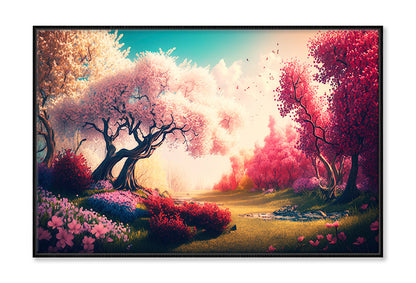 Colorful Blooming Trees Landscape Painting Wall Art Limited Edition High Quality Print Canvas Box Framed Black